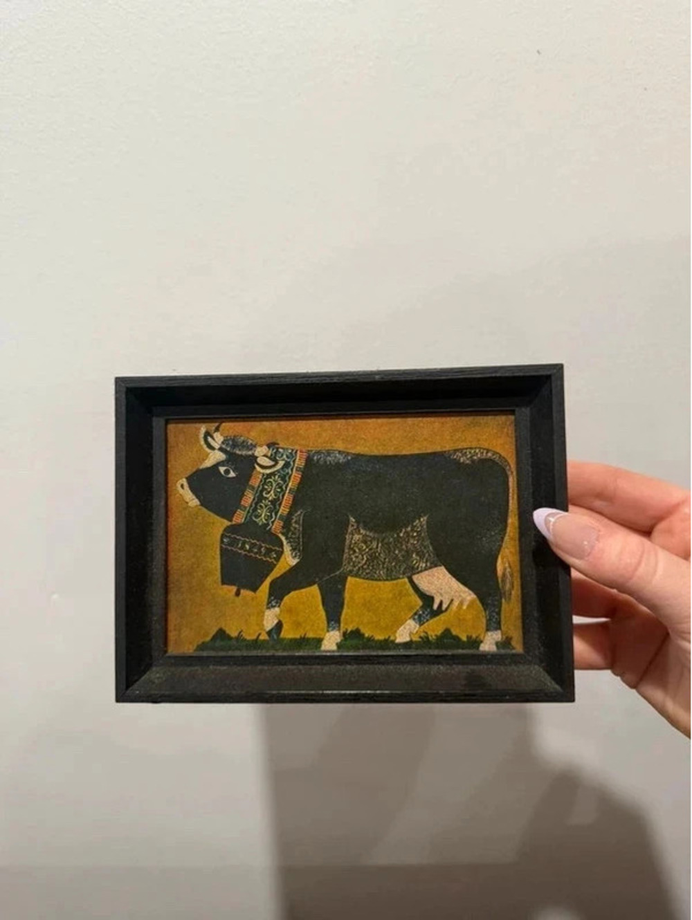 Vintage swiss Folk Art Decorated Bull Framed Miniature print